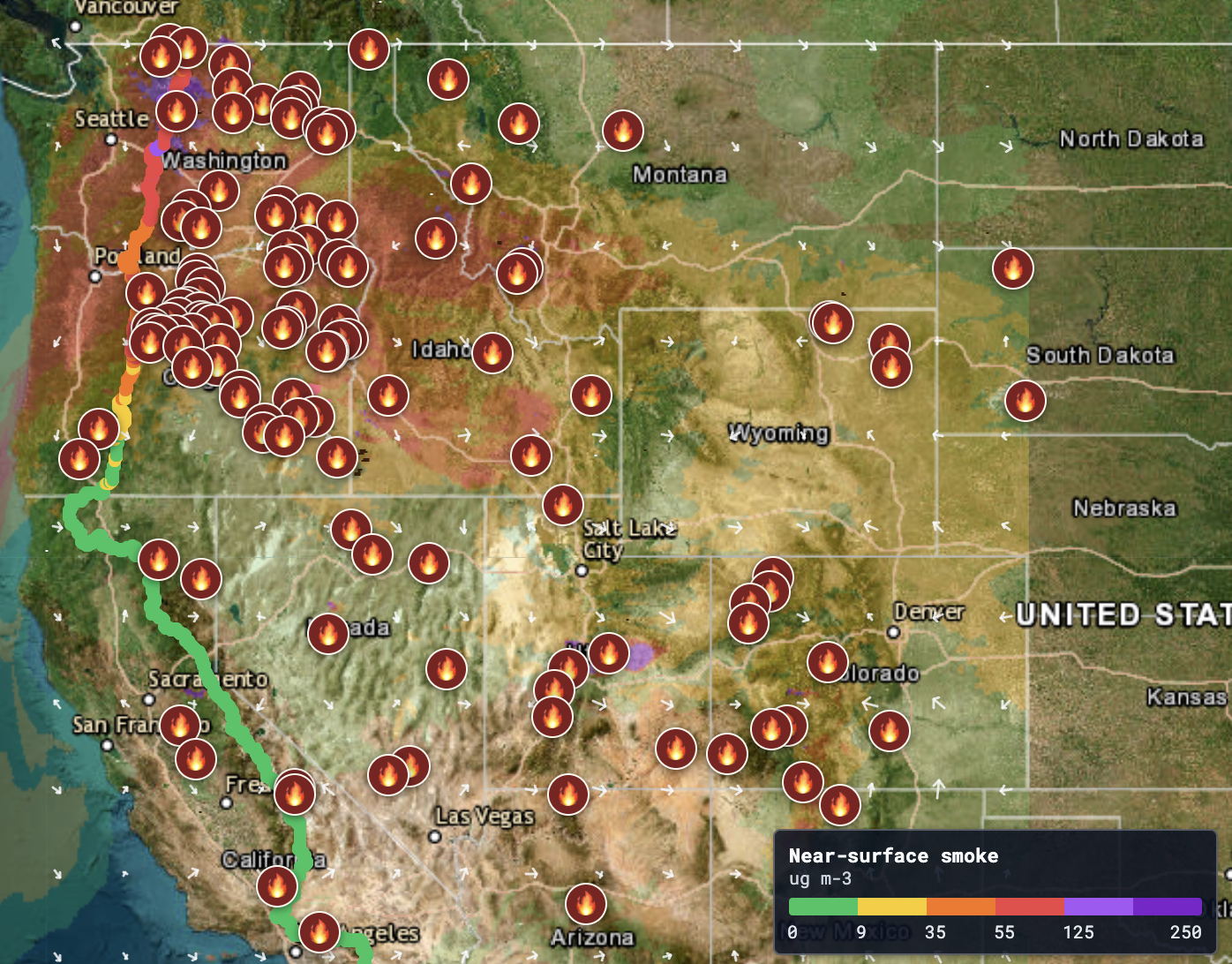 Fire Dashboard showing smoke, wind, Pacific Crest Trail conditions, and active fire incidents across the western United States